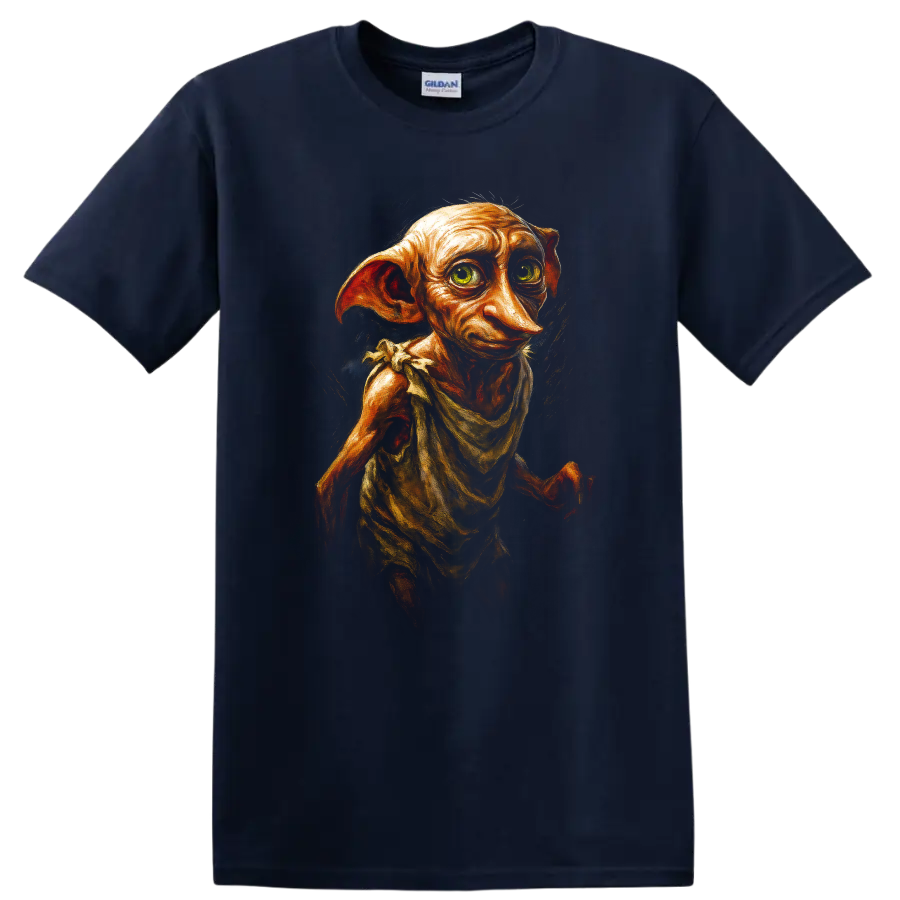 Painterly Dobby fantasy portrait with large ears and expressive eyes on a Navy (Blue) T Shirt