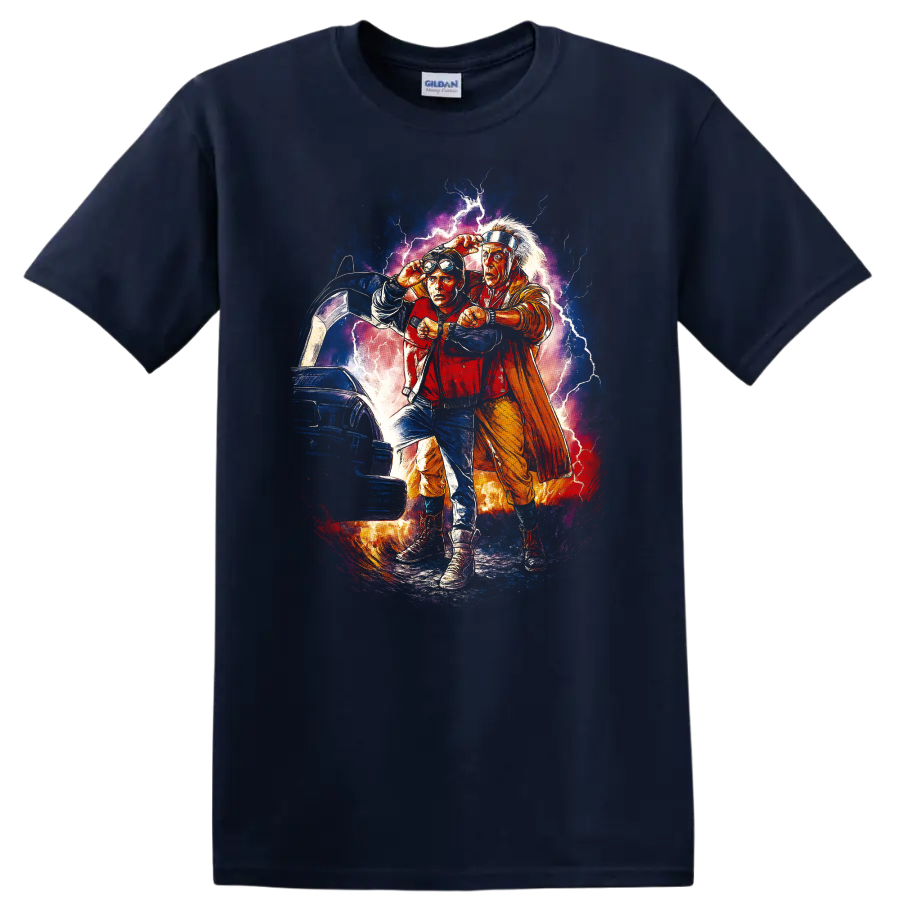 Back to the Future Part II lightning time travel movie artwork T shirt on a Navy (Blue) T Shirt