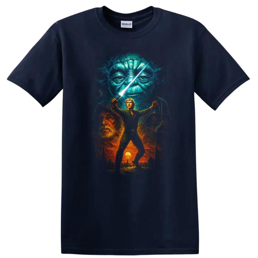 Star Wars inspired Jedi battle scene with Luke, Yoda, and Darth Vader artwork on a T - Navy (Blue)