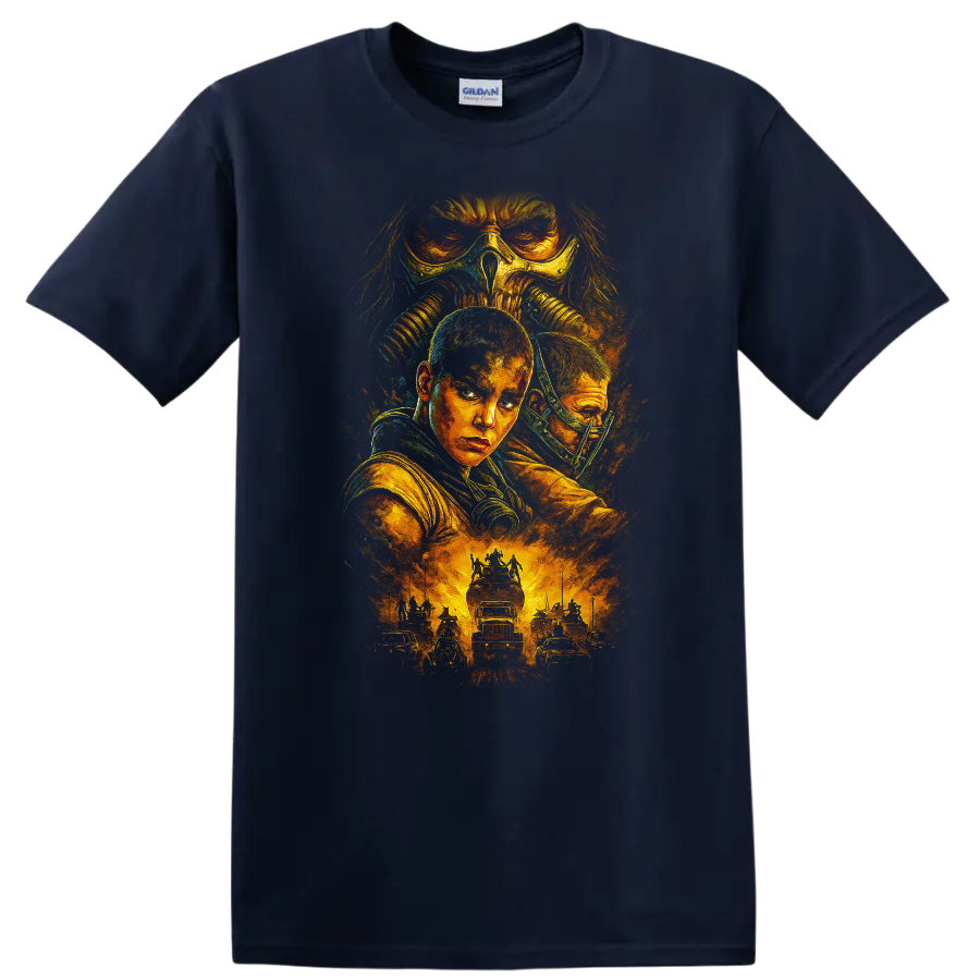 Mad Max Fury Road inspired post-apocalyptic movie art T-shirt graphic with fiery desert action and on a Navy (Blue) T Shirt