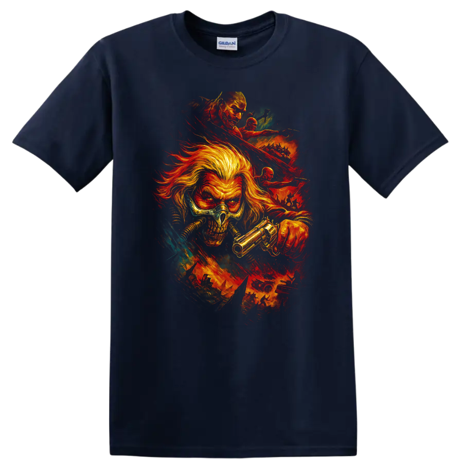 Mad Max inspired skull warrior with gun and fiery post-apocalyptic action graphic T Shirt on a Navy (Blue) T Shirt