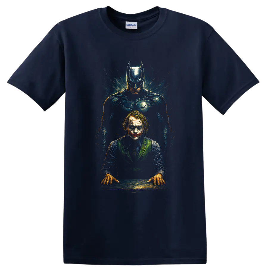 Batman standing behind the Joker in dramatic The Dark Knight graphic T Shirt design on a Navy (Blue) T Shirt