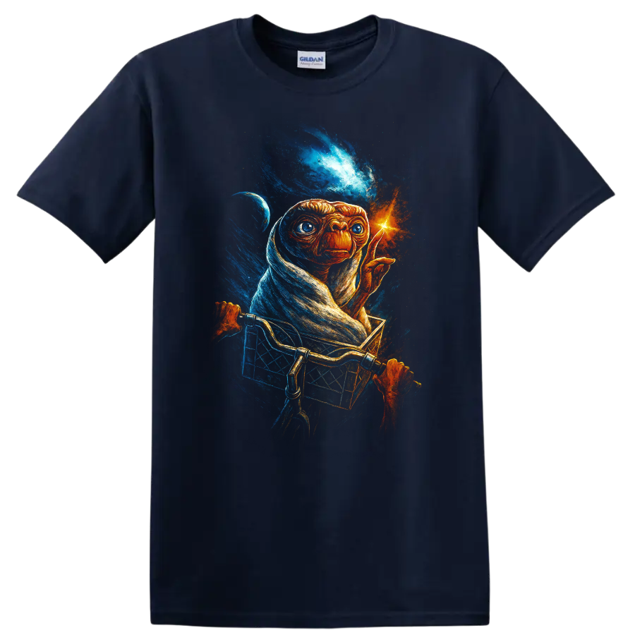E.T. riding in a bike basket with glowing fingertip cosmic space artwork on T shirt on a Navy (Blue) T Shirt