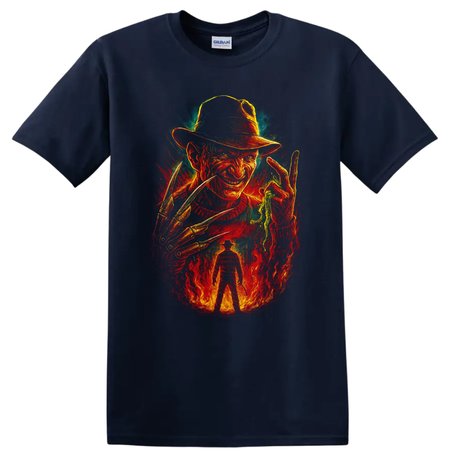 Freddy Krueger horror artwork with fedora, razor glove, and flames T shirt on a Navy (Blue) T Shirt