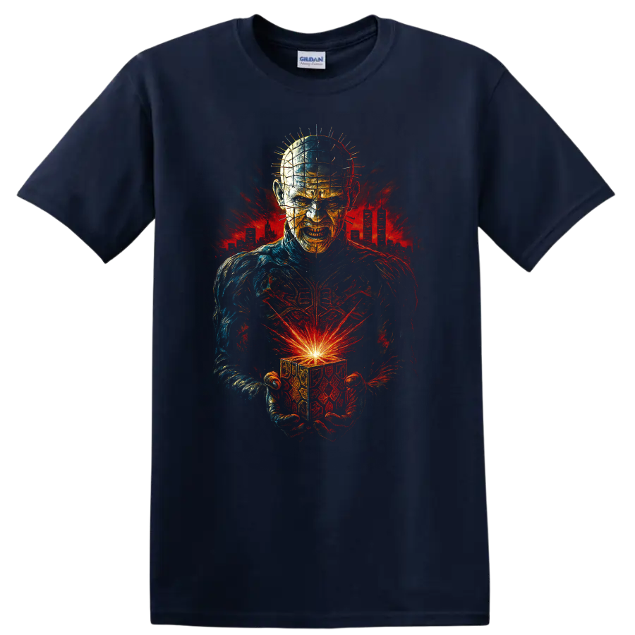 Hellraiser-inspired horror figure holding a glowing cube T Shirt on a Navy (Blue) T Shirt