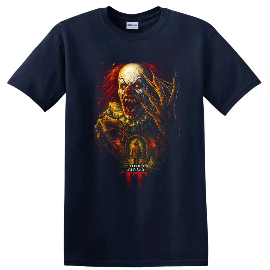 Pennywise horror clown artwork with Stephen King's IT text on a black T-shirt on a Navy (Blue) T Shirt