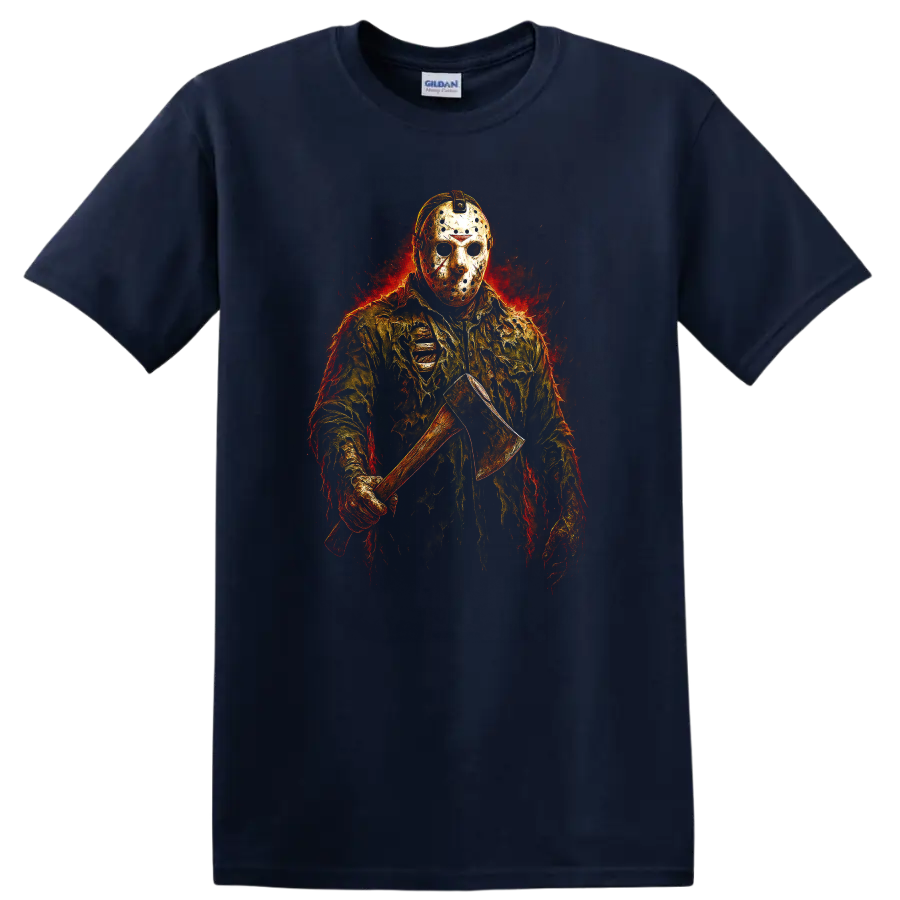 Fiery masked slasher holding an axe, Friday the 13th horror style T shirt on a Navy (Blue) T Shirt