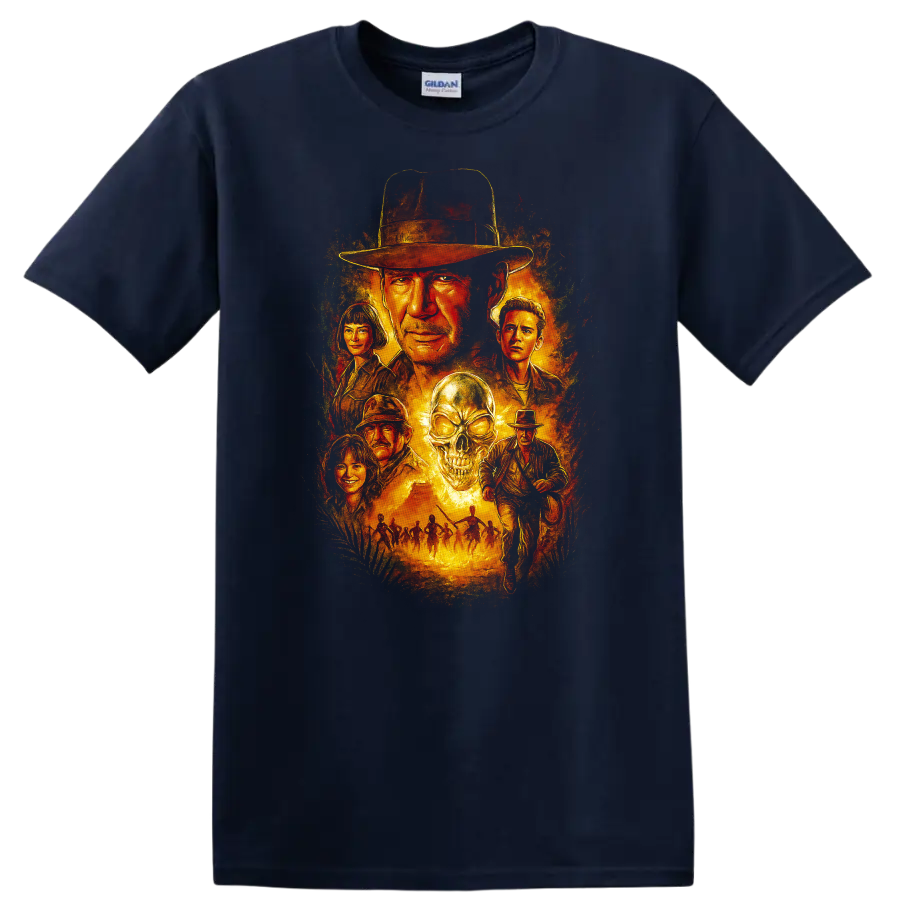 Vintage The Great Gatsby movie art with fiery portrait collage and skull graphic on a T - Navy (Blue)