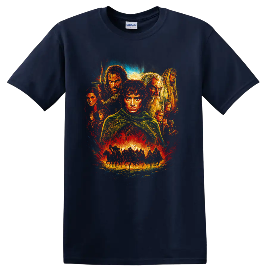 The Lord of the Rings fantasy character collage with dramatic painted movie artwork T shirt on a Navy (Blue) T Shirt