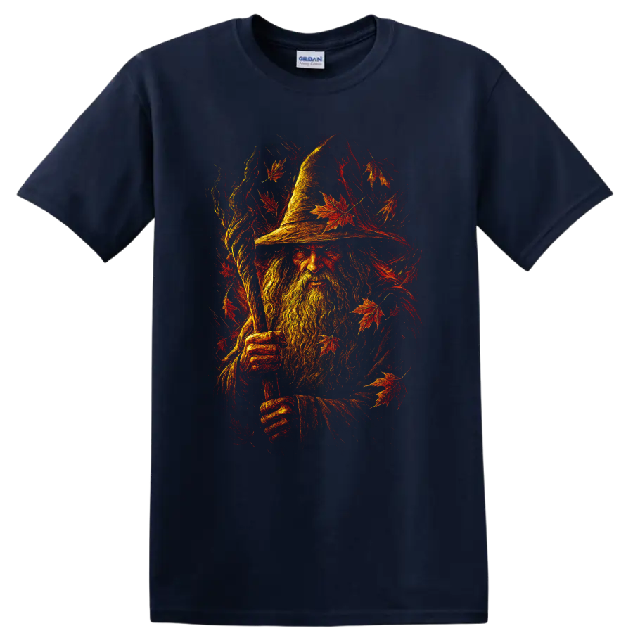 Wizard portrait surrounded by fiery autumn leaves graphic T Shirt on a Navy (Blue) T Shirt