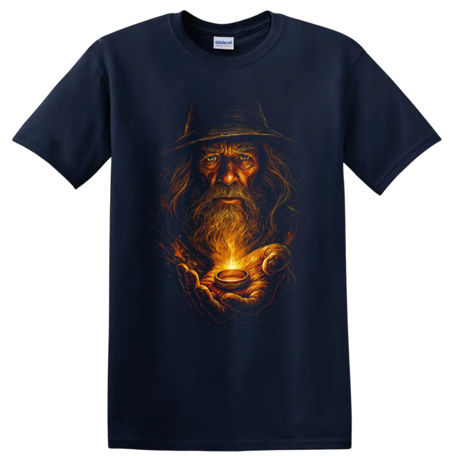 Fiery wizard holding a glowing ring fantasy graphic T shirt on a Navy (Blue) T Shirt