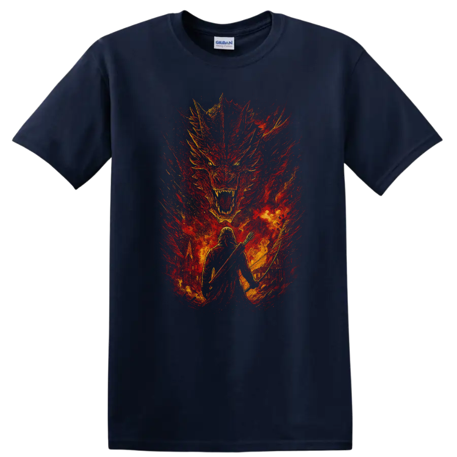 Fiery Game of Thrones dragon and warrior fantasy graphic T Shirt on a Navy (Blue) T Shirt