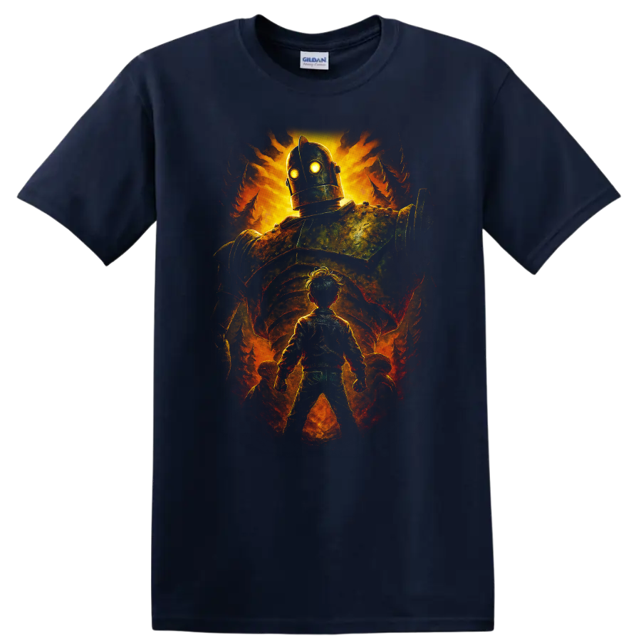 The Iron Giant glowing movie art design with giant robot and child, T shirt on a Navy (Blue) T Shirt