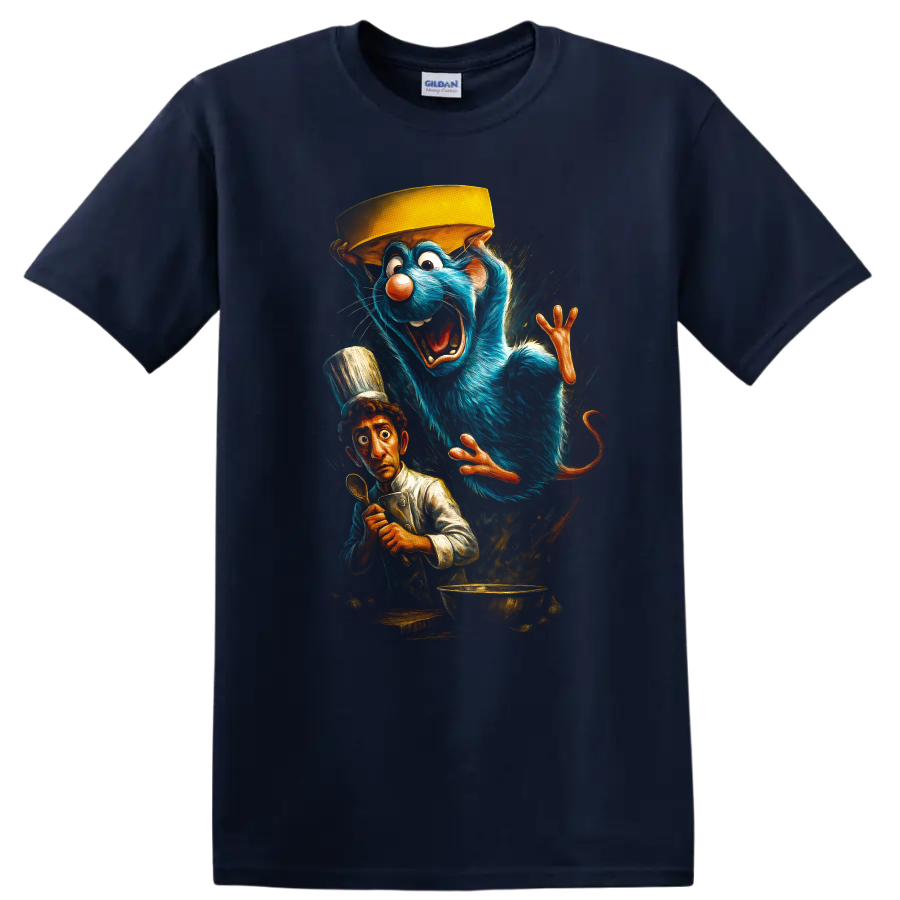 Animated blue rat chef and startled cook Ratatouille inspired T Shirt graphic on a Navy (Blue) T Shirt