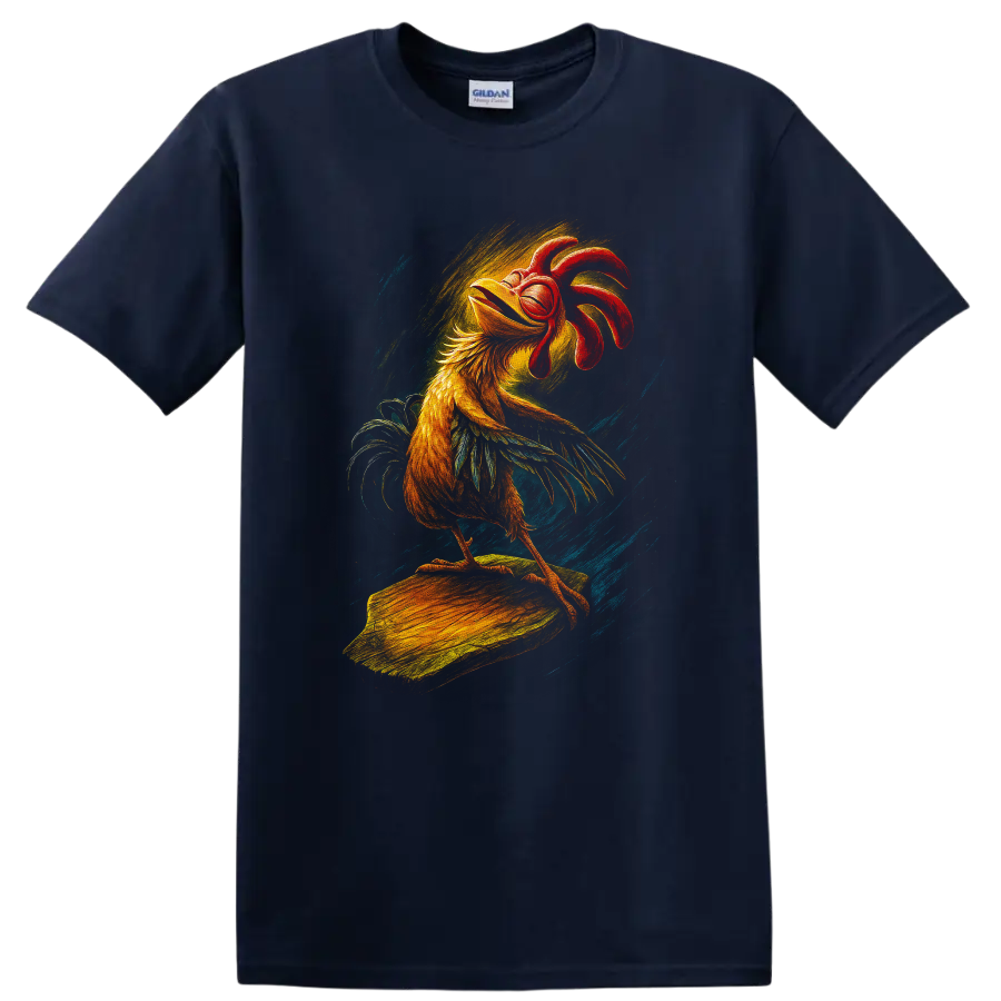 Rooster surfing artwork with bold retro colors on a T shirt on a Navy (Blue) T Shirt