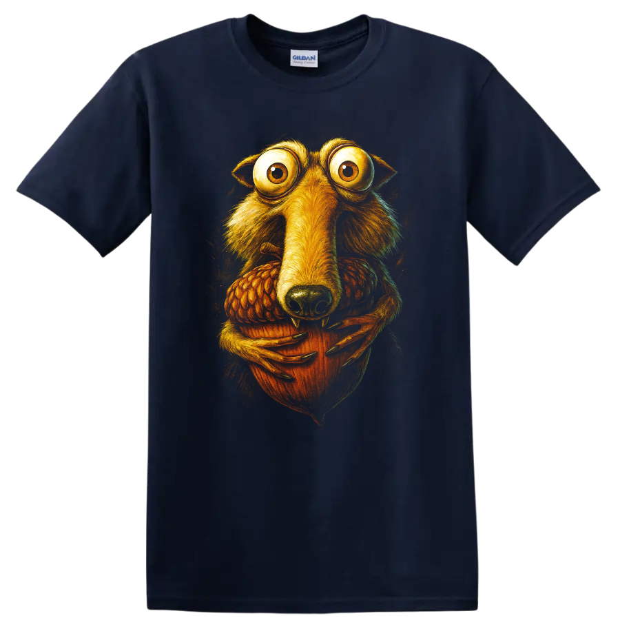 Wide-eyed Scrat holding an acorn, Ice Age character art T-shirt design on a Navy (Blue) T Shirt