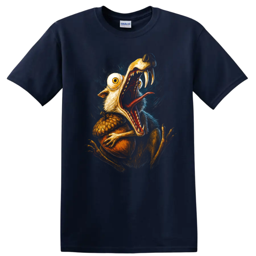 Scrat from Ice Age screaming with oversized eyes and sharp teeth graphic T shirt on a Navy (Blue) T Shirt