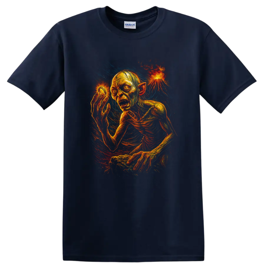Fiery Gollum horror-style fantasy art on black T shirt on a Navy (Blue) T Shirt