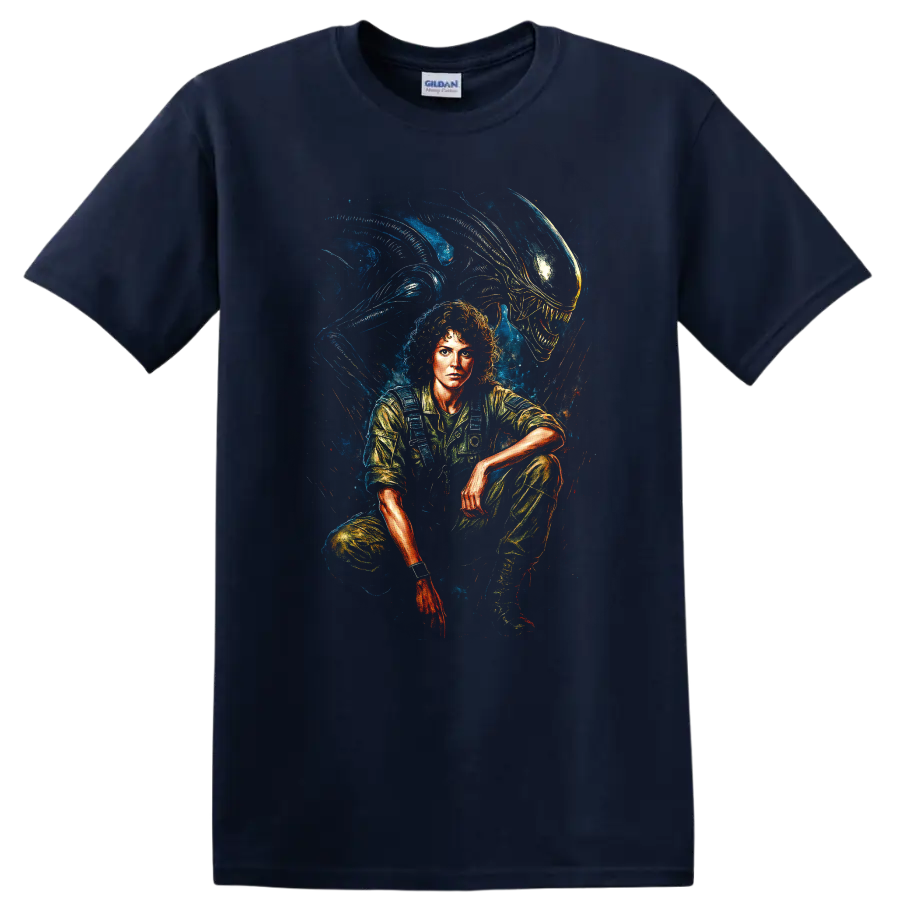 Alien movie inspired portrait with xenomorph creature in dramatic sci-fi horror style T-shirt on a Navy (Blue) T Shirt