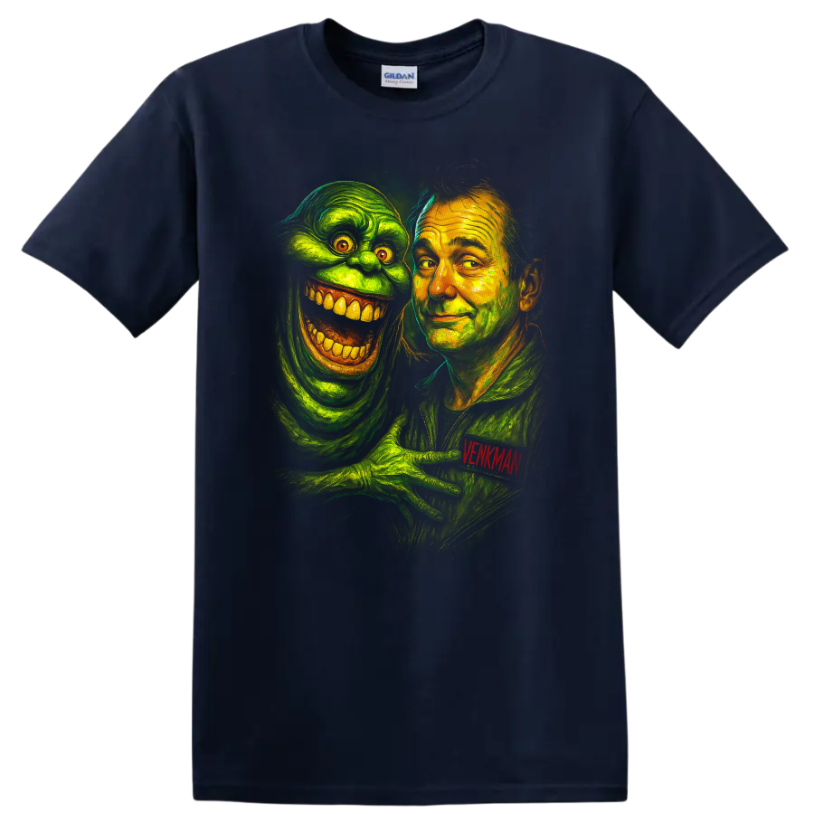 Ghostbusters-inspired portrait of Venkman with a grinning green ghost T shirt on a Navy (Blue) T Shirt