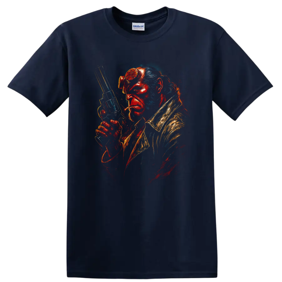 Hellboy dramatic portrait holding revolver graphic T shirt on a Navy (Blue) T Shirt