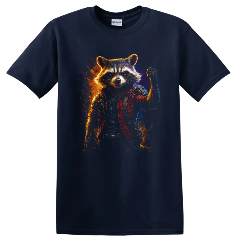 Guardians of the Galaxy inspired Rocket Raccoon hero in action pose T Shirt on a Navy (Blue) T Shirt