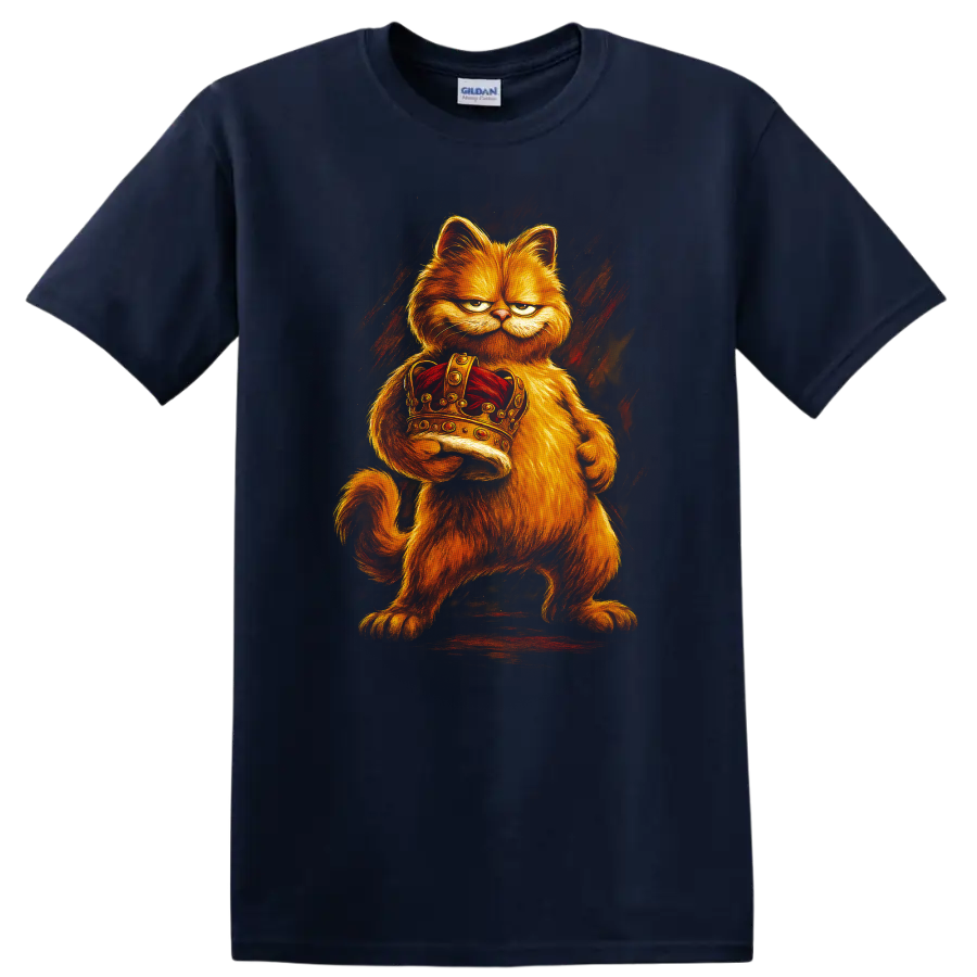 Angry orange Garfield-inspired cat holding a jeweled crown on a black T shirt on a Navy (Blue) T Shirt