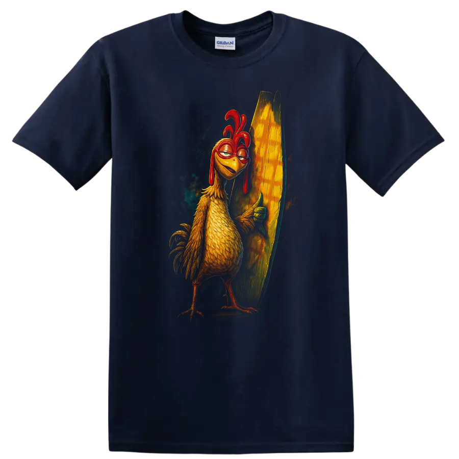 Surf's Up inspired chicken surfer holding a surfboard graphic T-shirt on a Navy (Blue) T Shirt