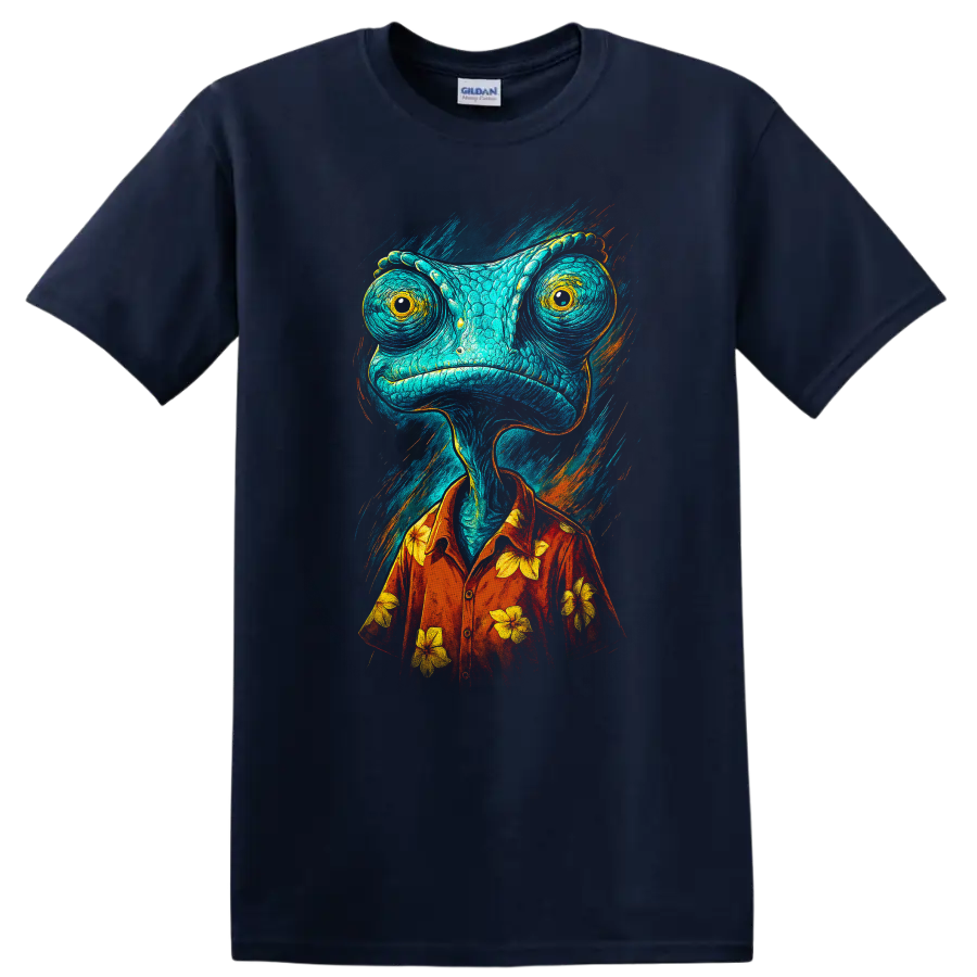 Colorful chameleon character in red Hawaiian shirt, Rango-inspired graphic T shirt on a Navy (Blue) T Shirt