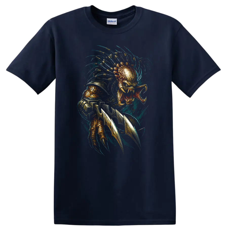 Predator-inspired alien hunter graphic with claws, armor detail, and dramatic sci-fi design on T on a Navy (Blue) T Shirt