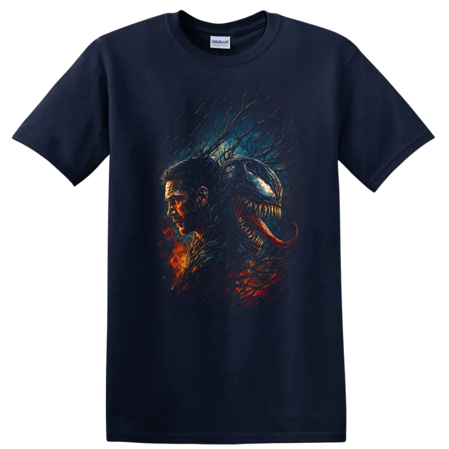 Venom-inspired symbiote portrait graphic T-shirt with dark comic style on a Navy (Blue) T Shirt
