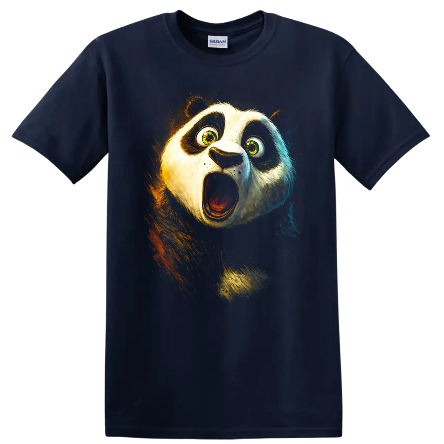 Shocked panda face graphic with wide eyes and open mouth on black T shirt on a Navy (Blue) T Shirt