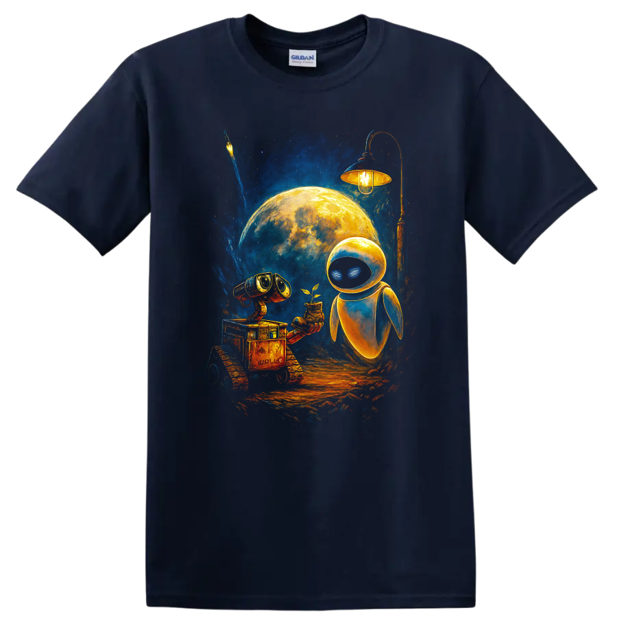 WALL-E and EVE moonlight sci fi artwork with glowing robot and plant T-shirt on a Navy (Blue) T Shirt