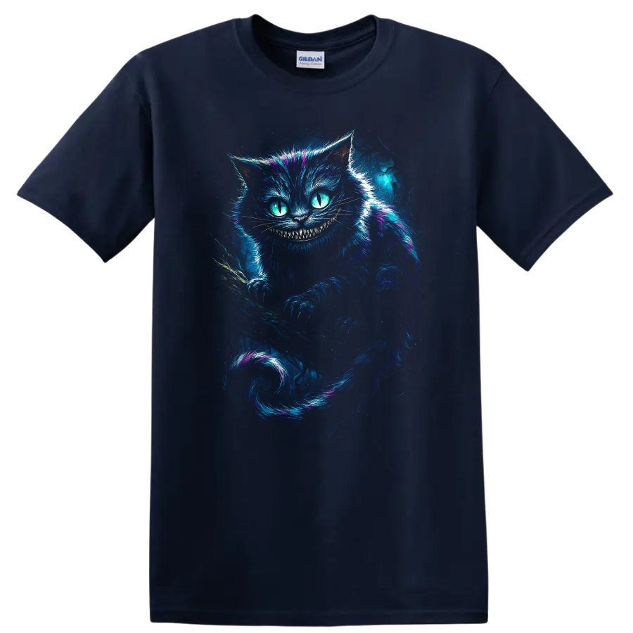 Glowing Cheshire Cat with neon grin and blue purple fantasy art T shirt on a Navy (Blue) T Shirt