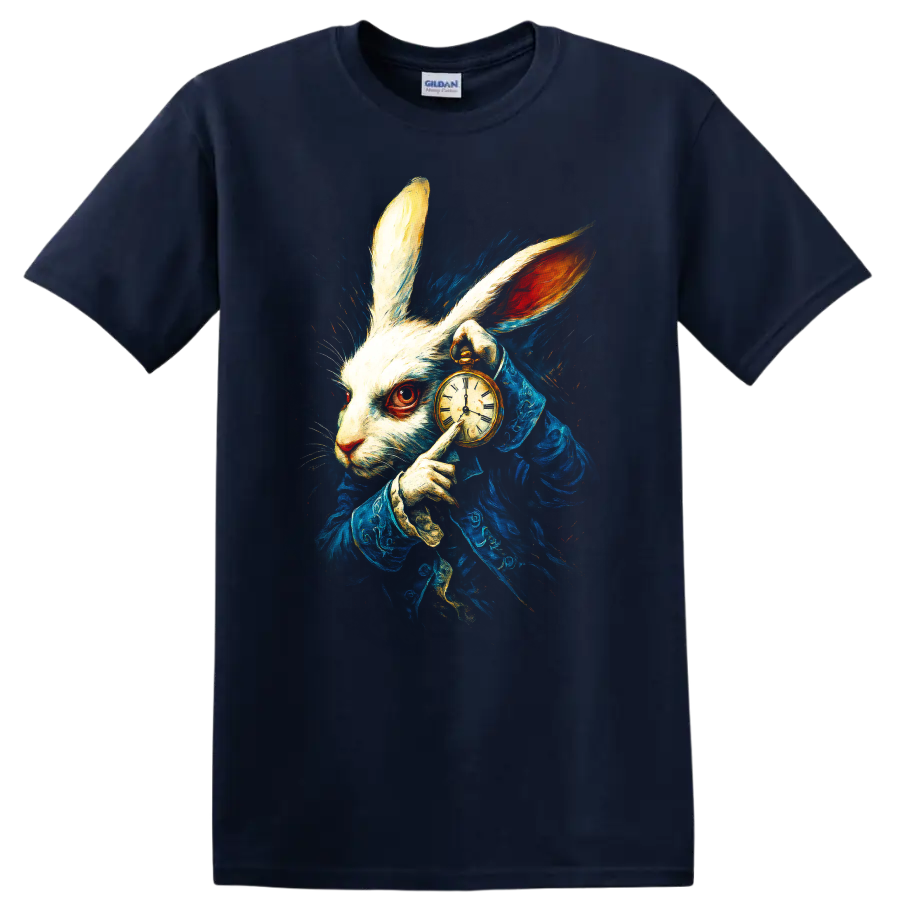 White Rabbit in blue coat holding a pocket watch, Alice in Wonderland style T shirt graphic on a Navy (Blue) T Shirt