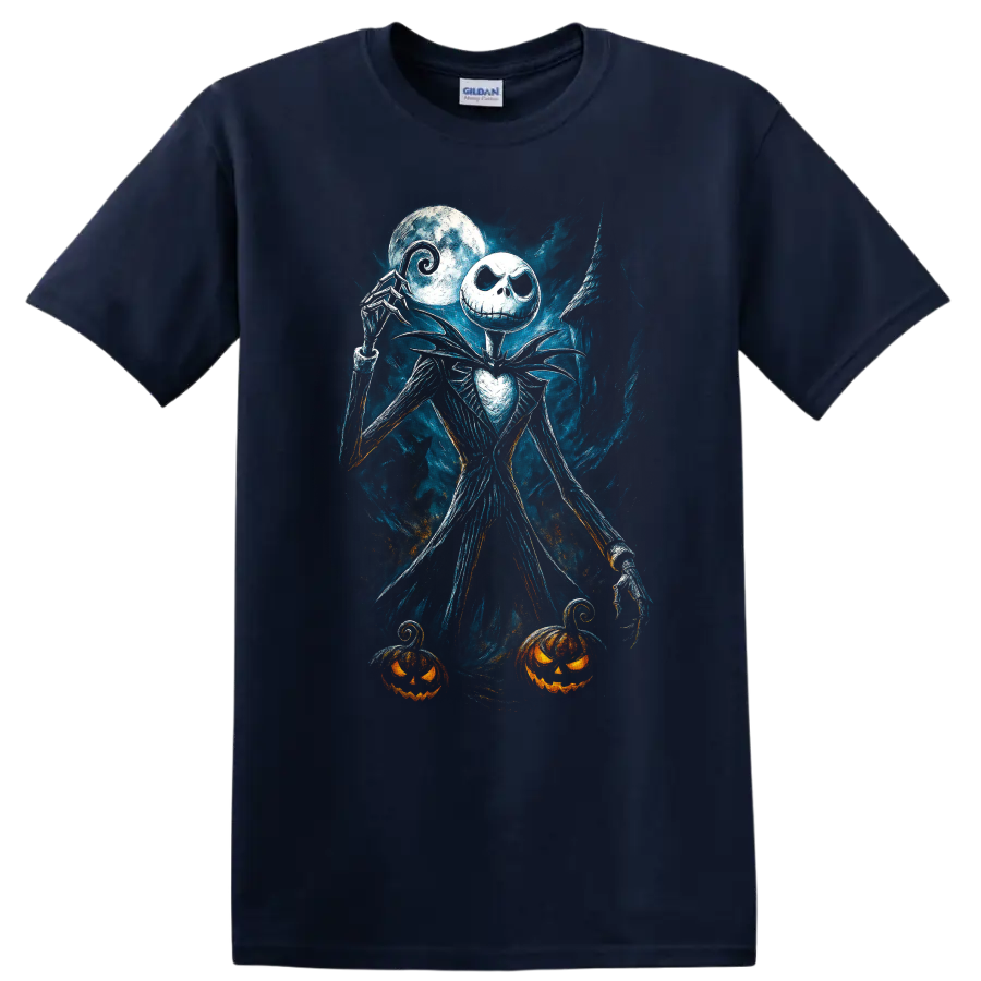 Jack Skellington-inspired gothic figure with moon and pumpkins T Shirt on a Navy (Blue) T Shirt