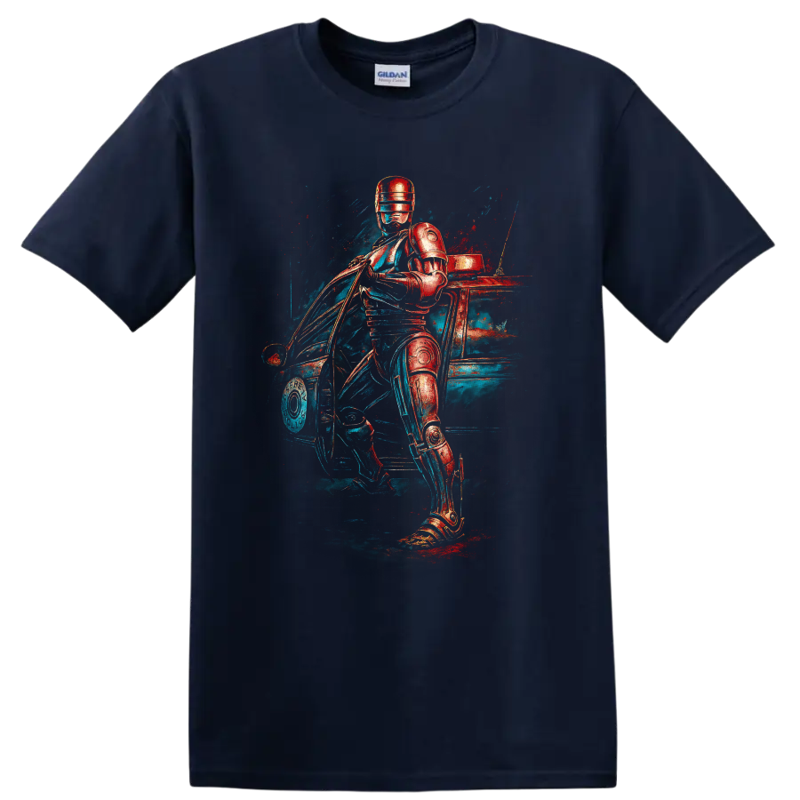 RoboCop neon sci fi artwork with armored police hero beside a car T shirt on a Navy (Blue) T Shirt
