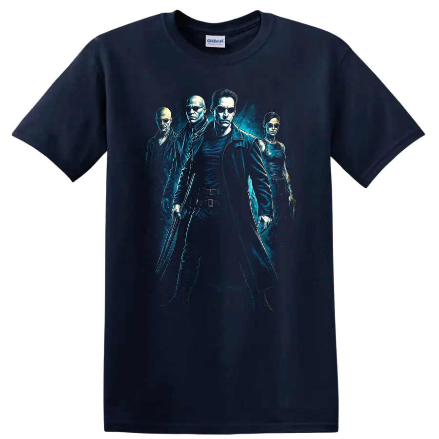The Matrix inspired blue neon movie graphic T Shirt with four characters on a Navy (Blue) T Shirt