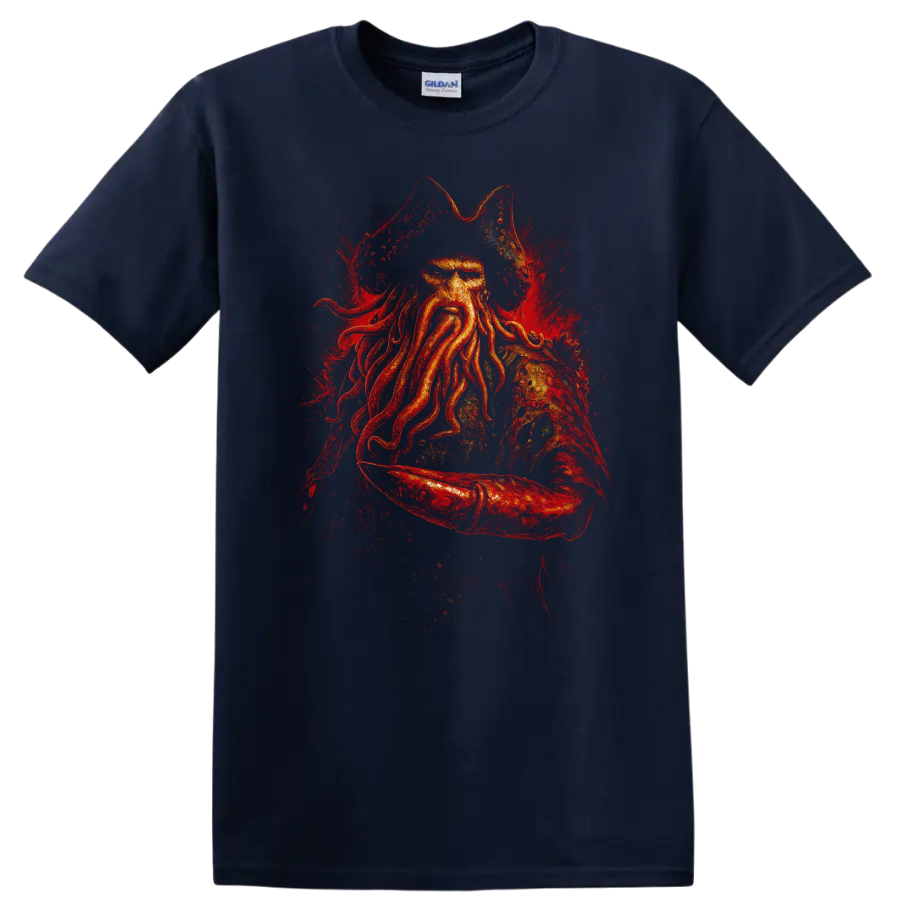 Pirate captain with octopus beard in fiery red dramatic graphic T Shirt design on a Navy (Blue) T Shirt