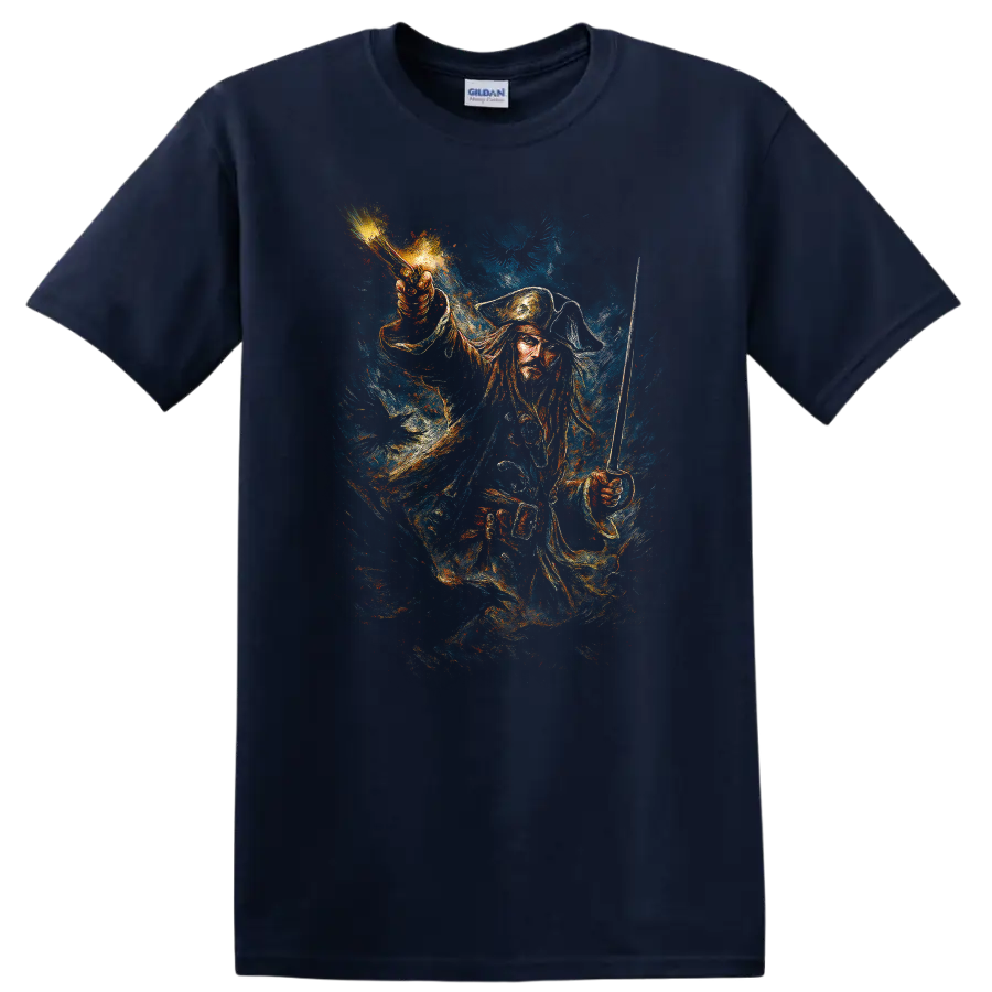 Pirate captain with raised sword in dramatic painted style, Pirates of the Caribbean T shirt on a Navy (Blue) T Shirt
