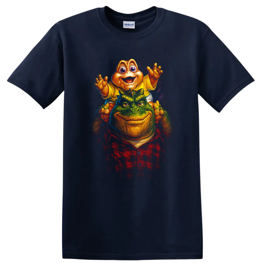 Colorful dinosaur movie monster artwork with two characters on a T shirt on a Navy (Blue) T Shirt