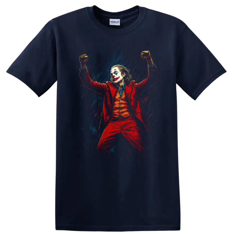 Joker-inspired clown villain in red suit with raised fists, painted dark comic style graphic T shirt on a Navy (Blue) T Shirt