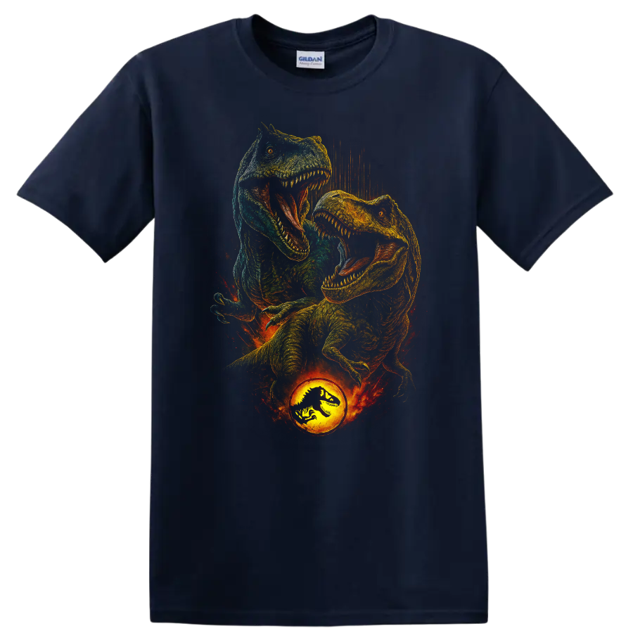Roaring T Rex dinosaur graphic with fiery Jurassic World inspired style on T shirt on a Navy (Blue) T Shirt