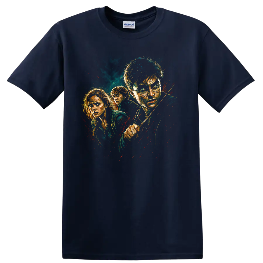 Harry Potter trio portrait movie-style graphic T shirt with dark fantasy painted artwork on a Navy (Blue) T Shirt