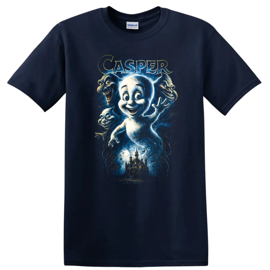 Casper ghost character graphic with spooky castle and haunted blue artwork T Shirt on a Navy (Blue) T Shirt
