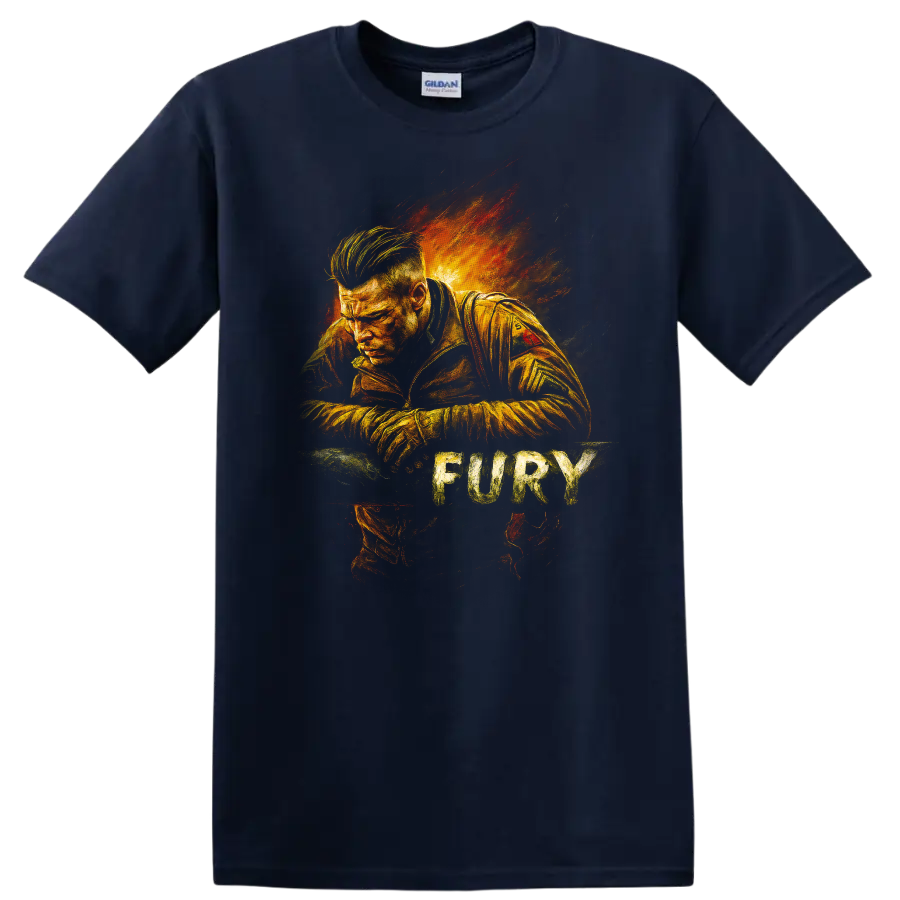 Fury-inspired fiery portrait graphic T Shirt with distressed cinematic style on a Navy (Blue) T Shirt