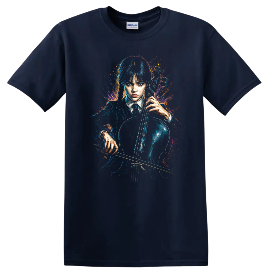 Wednesday Addams holding a cello in neon gothic painted style T Shirt on a Navy (Blue) T Shirt