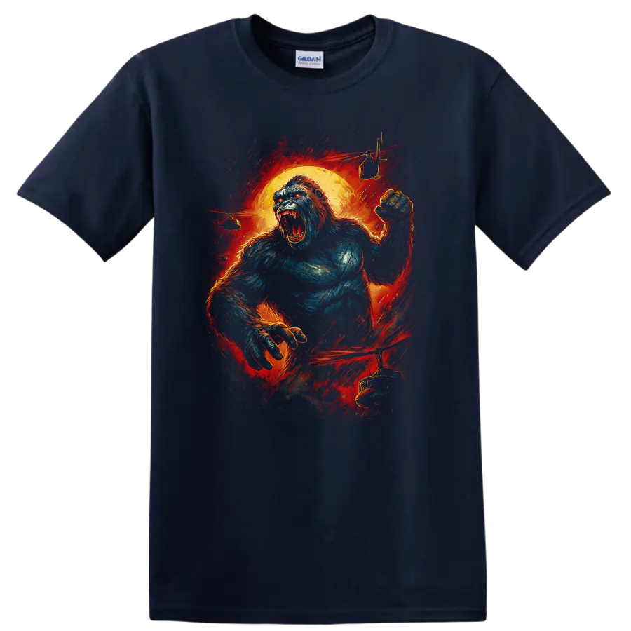 Roaring King Kong-style gorilla graphic with fiery red orange background T shirt on a Navy (Blue) T Shirt