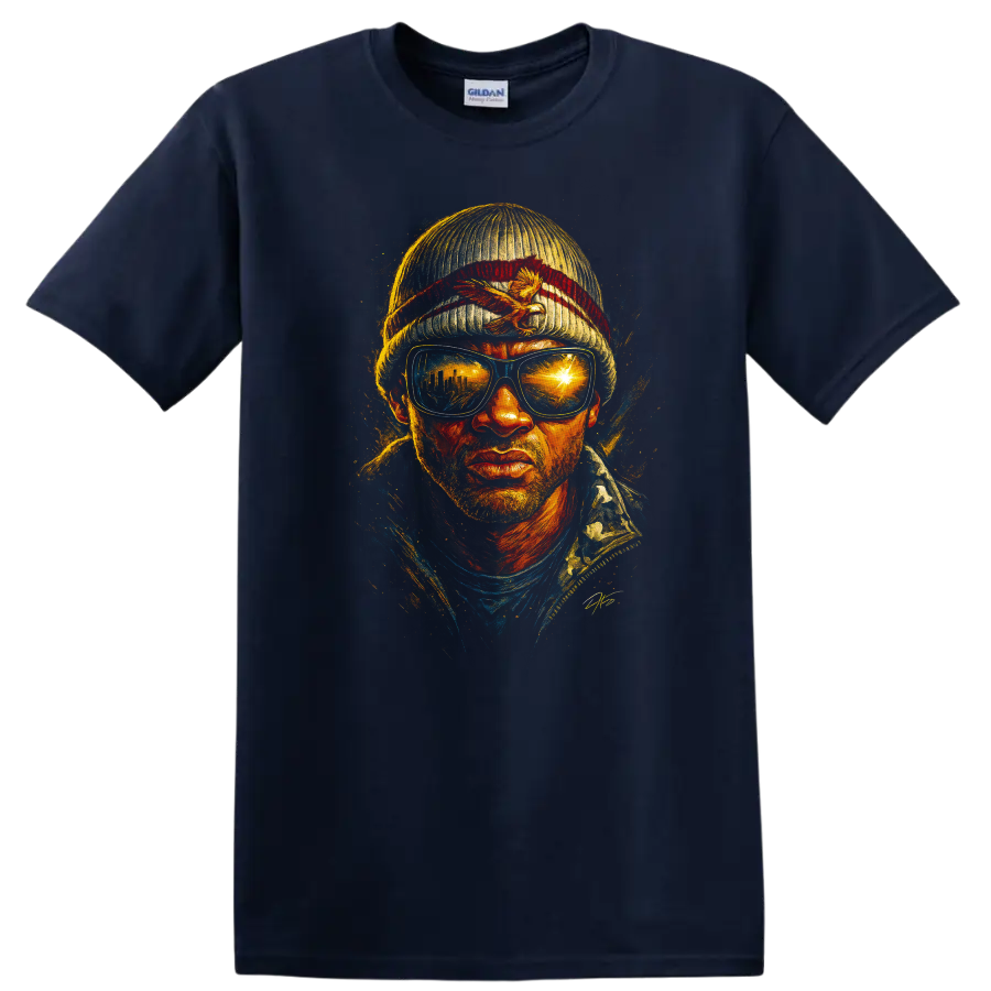 Hancock inspired painted portrait with sunglasses and beanie on black T shirt on a Navy (Blue) T Shirt