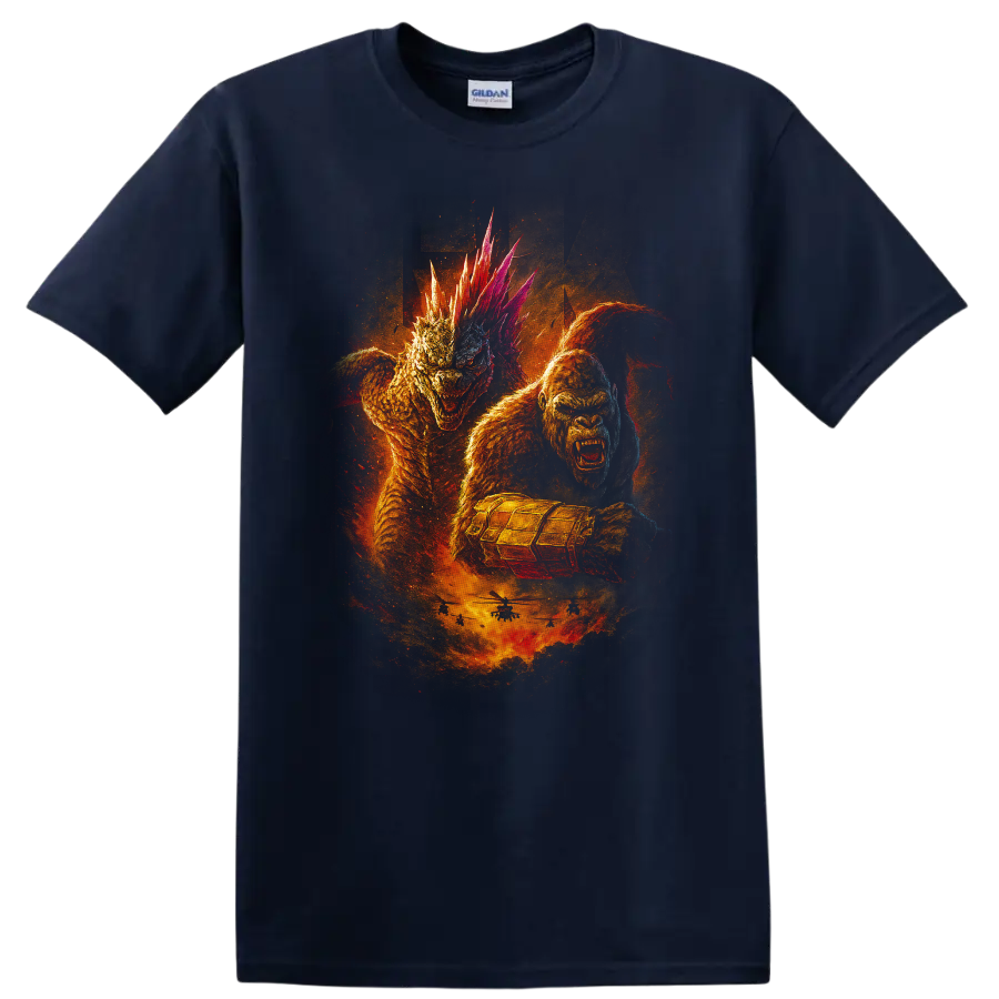 Godzilla x Kong: The New Empire monster battle graphic T Shirt with fiery creature artwork on a Navy (Blue) T Shirt